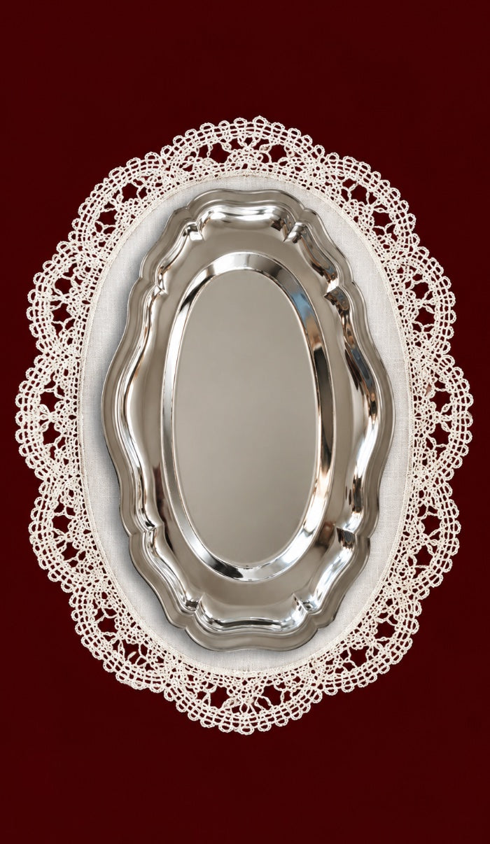 Silver oval vanity tray on lace, burgundy