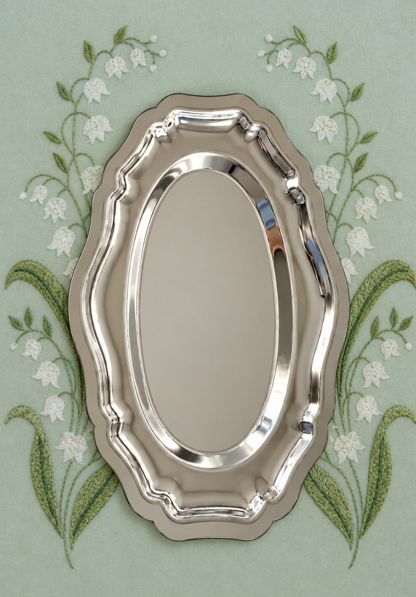 Silver oval vanity tray with lily of the valley