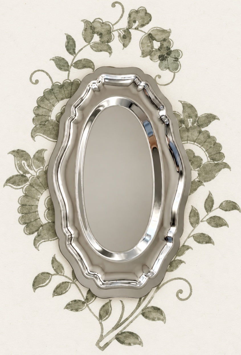 Silver oval vanity tray on floral cream